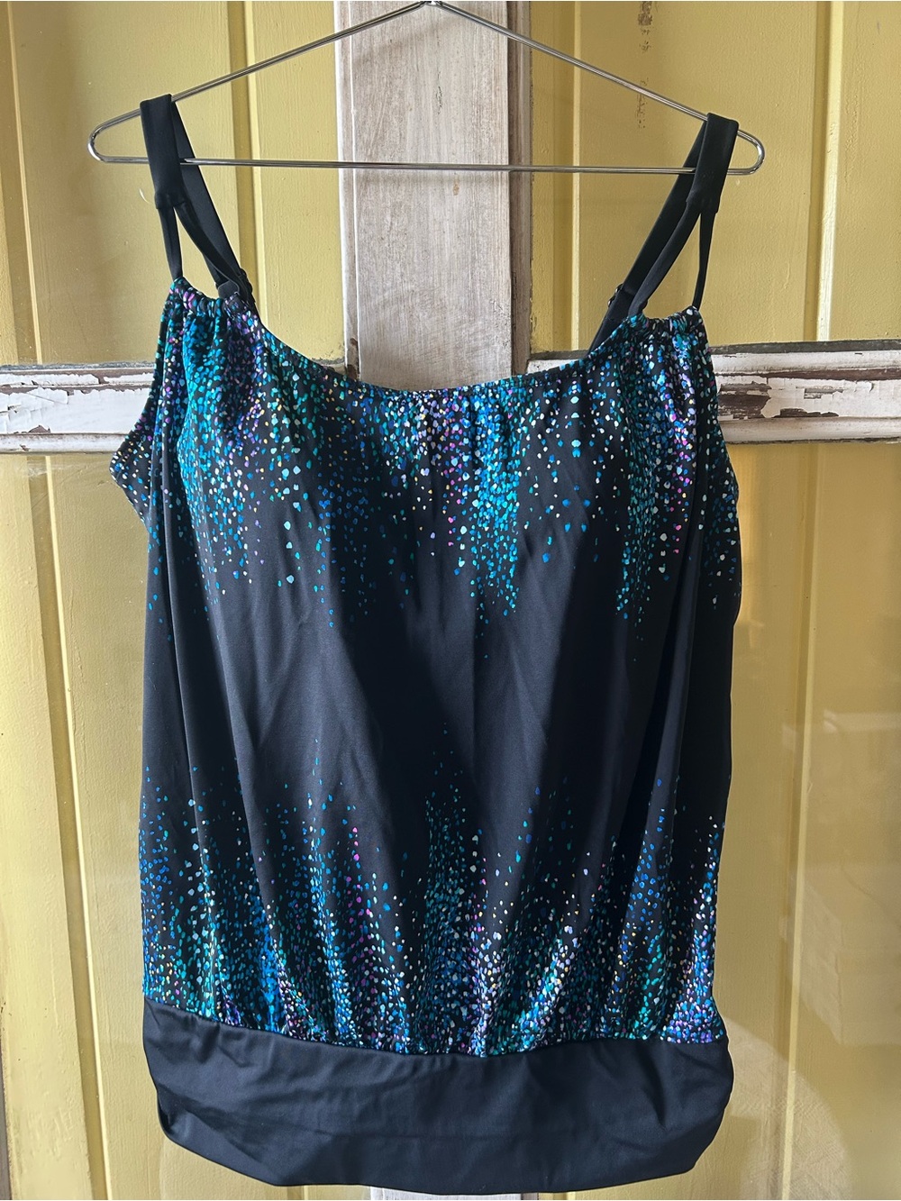 Women’s Black Swim Top with Multi Color Speckled Print